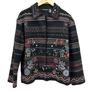 Vintage Frazzle Jacket Womens Medium Beaded Embroidered Snap Up Black‎ Wool Crop